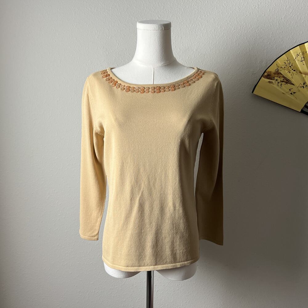 y2k vintage tan beige minimalist button boatneck knit long sleeve top